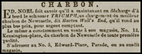 Edouard Noel announced an incoming shipment of Newcastle coal in a 1860 advert in Chronique de Jersey