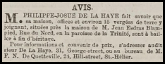 In 1874 Philippe Josue de La Haye advertised his farm on Rue du Nord, Trinity, for sale in Chronique de Jersey