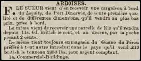 F Le Sueur, of Commercial Buildings, advertised the arrival of a cargo of slates in 1870