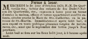 The de Quetteville family farm, on the coast at St Catherine, was offered to rent in 1870 on behalf of the heirs of the late David Nelson de Quetteville