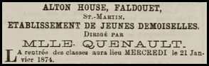 Miss Quenault ran a school for young ladies at Alton House, Faldouet, in 1874