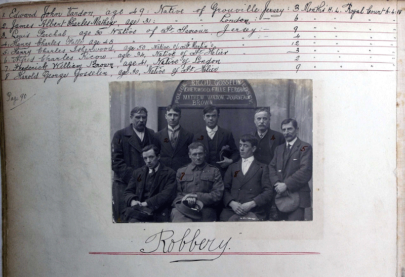 Edward John Vardon (1869- ), back row left, was found guilty with Henry Charles Isherwood (1868- ), James Albert Charles Mathew (1887- ), Louis Ferchal (1888- ), Henry Charles Falle (1873- ), Alfdred Charles Ricou (1884- ), Frederick William Brown (1877- ) and Harold George Gosselin (1888- ) of robbery and sentenced by the Royal Court in 1918 to 12 three months in prison with hard labour