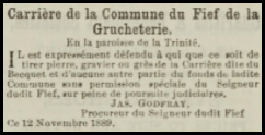 In the 19th century there was a quarry at Commune de la Fief de la Gruchetterie, better known as Jardin d'Olivet. Unauthorised removal of gravel and stone led the owners to post this 1890 Chronique de Jersey advert