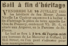 James Nicolle Le Couteur sold sold five vergees of land at Augerez, St Peter, in 1920