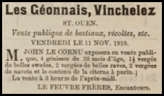 John Le Cornu advertised a sale of cattle and crops here in 1910