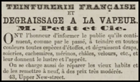 M Petit and Company ran a dyeing business in New Street advertised in Chronique de Jersey in 1860