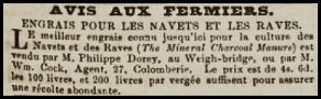 In 1860 Philippe Dorey advertised in Chronique de Jersey the availability at his Weighbridge premises of the best fertiliser for navets et raves. Both of these vegetables translate as turnip and it is not clear what the distinction between them was at this time