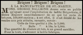 After closing down his St Martin brickworks, George Balleine was left with 100,000 bricks, which he advertised for sale at reduced prices