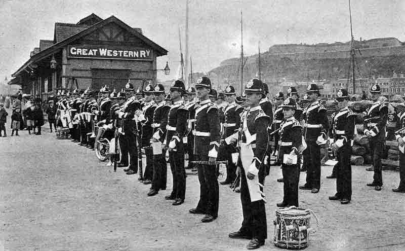 The East Surrey Regiment band at St Helier Harbour