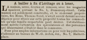 No 1 was offered for sale in 1870 following the death of owner Thomas Sorel