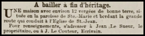 Jean Le Sueur's St Mary farm, with 12 vergees of land, was offered for sale in 1870