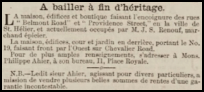 The house on the corner with Providence Street was advertised for sale in 1880 in Chronique de Jersey