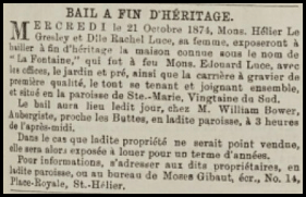 In 1874 Herbert Le Gresley and his wife Rachel Luce advertised the property of the late Edward Luce for sale in Chronique de Jersey