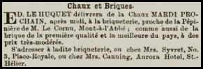 Edouard Le Huquet advertised lime and bricks from his Mont a l'Abbe brickworks in 1870