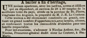 A house newly built by J E Le Couteur, at Augerez, was offered for sale in 1870