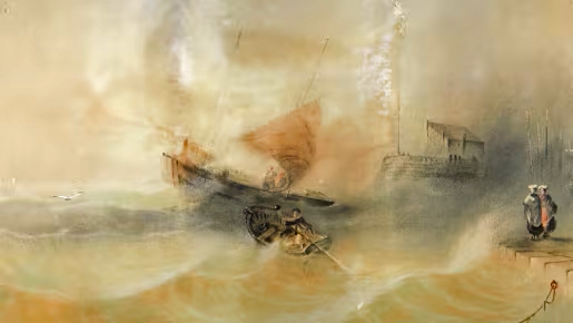 Despite the rough seas, two women standing on the harbour look relatively unaffected and seem safe on the harbour wall. In contrast, the ship at the harbour mouth, and the rowing boat tending it, pitch violently in the heavy swell.