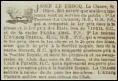 John Le Brocq, of La Chasse, St Ouen, advertised various bulls in Chronique de Jersey in 1890