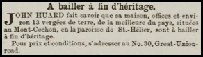 John Huard sold his Mont Cochon farm with 13 vergees in 1870