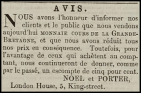 1874 advert in Chronique de Jersey announcing the acceptance of British money