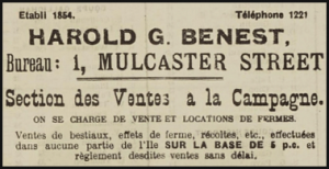 Auctioneer Harold Benest was in business at 1 Mulcaster Street, as shown in this 1939 advert in Chronique de Jersey