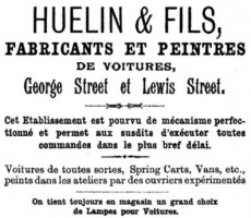 1887 advert from L'Almanach de la Gazette de Jersey for Huelin and Son, constructors and painters of carriages