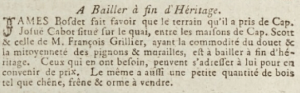 James Bosdet advertised in 1805 the sale of land on the quay between the houses of Capt Scott and Francois Grillier