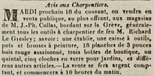 An auction of the tools of carpenter Richard Le Gresley was held following his death in 1824