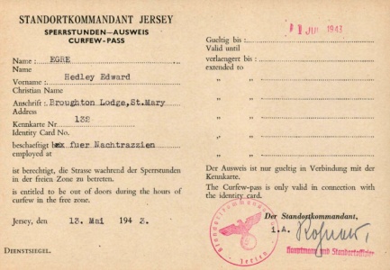 A curfew pass issued to Hedley Egre during the Occupation as a member of the Honorary Police [1]