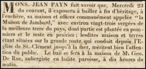 Jean Payn advertised the property for sale in Chronique de Jersey in 1825