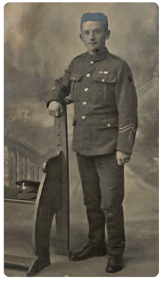 Corporal Arthur Godfray de Rue, MM, a corporal in the Yorkshire Regiment, was the youngest of three sons of George John de Rue and Elize Ann, nee Payn, to serve during the Great War. He was stationed in Guernsey with his regiment when war broke out and was sent to France where he took part in the retreat from Mons. In 1917 he had to assume command of his platoon while under heavy fire at Inverness Copse and lead them to safety. For his bravery he was awarded the Military Medal