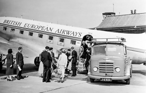 Passengers disembark from a BEA Dakota