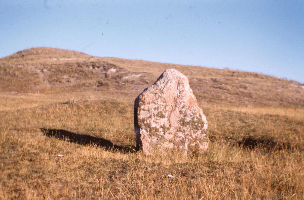 A prehistoric standing stone, or menhir, photographed in 1957