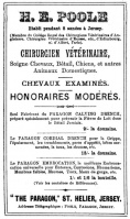 1887 advert from L'Almanach de la Gazette de Jersey - probably the earliest reference we have found for a veterinary surgeon, although they must have been much in demand for horse owners in the 19th century