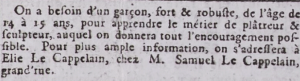 Elie Le Cappelain advertised for a boy as a plasterer apprentice in Gazette de l'Ile de Jersey in 1799