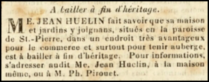 Jean Huelin advertised his St Peter house as suitable for a guest house in Chronique de Jersey in 1840