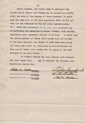 In return, Mr Humbeeck undertook 'to teach or cause to be taught to the said apprentice the trade and profession of Hairdresser and Manicurist, together with instructions in massage and hair treatment'. Marcelle undertook 'to render faithful service to the best of her ability, to be obedient and careful and to exercise tact and diplomacy in the execution of orders and instructions and in the keeping of professional secrets'. The addition of the word 'one' above the three-year term in the document suggests that it may have been terminated by mutual consent at the end of the first year
