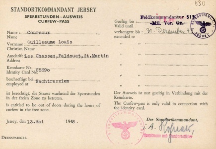 A curfew pass issued to Guillaume Courcoux during the Occupation as a member of the Honorary Police