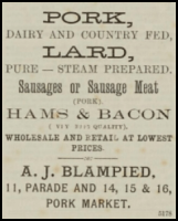 A J Blampied was a pork butcher in 1890, with outlets in the Parade and the Market