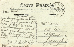 A postcard sent to Maria Amy, of Bel Air, St Martin, in 1921. Was this the Maria Amy who was born in France in 1893 and seems to have lived as a boarder at a number of St Martin addresses after arriving in Jersey?