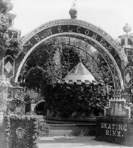 The arch celebrating Victoria's jubilee and advertising the skating rink