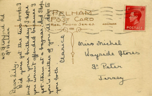 A postcard sent to Lily Michel in St Peter from her friend Clarice of Stopford Road, St Helier