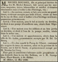 Michel Roussel, son of the late Michel, advertised the sale of four houses and some land in Chronique de Jersey in 1830