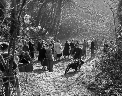 Evening Post photograph of D de Gruchy in a motor cycle trial in 1953. It is noteworthy that there was no barrier between spectators and the course and the rider did not wear a helmet