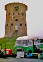 An old coach converted into a kiosk at Le Hocq in the 1980s
