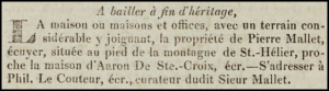 Pierre Mallet advertised town houses and land in Chronique de Jersey in 1830