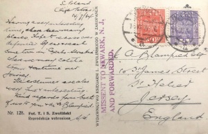 A postcard from friends on holiday in Poland, sent to J A Blampied in James Street in 1934. Somebody did not read the very clear address that carefully, because the card travelled via New Jersey
