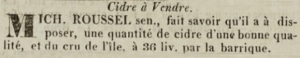 Michel Roussel offered best quality cider, made in the island, for sale in Chronique de Jersey in 1818