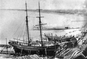 Gorey's ship-building yards in about 1875. A photograph by Philip Morel Laurens of a schooner on the stocks in the shipyard of Philippe Bellot
