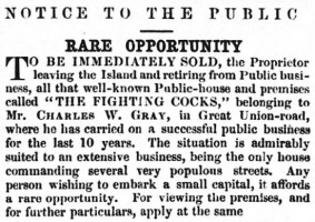 Fighting Cocks public house for sale in 1855
