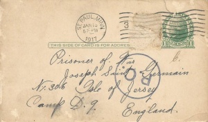 This postcard sent to the camp is something of a mystery because it appears to be addressed to a Frenchman, who would not have been one of the prisoners, and probably not a camp guard, either